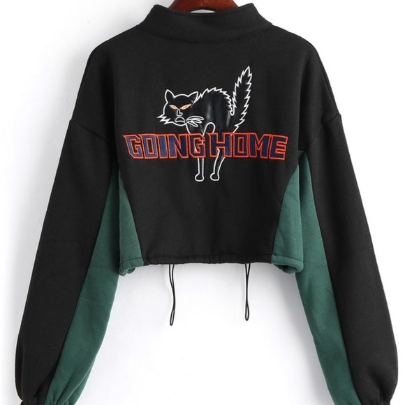 Zaful Going Home Cropped Sweatshirt Zip Front Cat Design Black Green - Picture 3 of 12